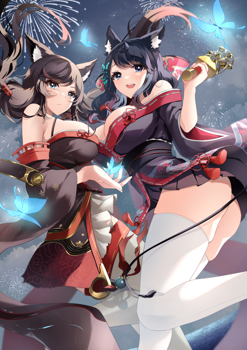 2girls absurdres animal_ear_fluff animal_ears ass azur_lane bare_shoulders black_hair blue_butterfly blue_eyes breasts brown_kimono bug butterfly cleavage dark_persona detached_sleeves dual_persona fireworks from_below fusou_(azur_lane) fusou_(meta)_(azur_lane) highres japanese_clothes kimono large_breasts long_hair miniskirt multiple_girls night off_shoulder pantyhose pleated_skirt purple_kimono purple_sash sash skirt thighhighs thighs twintails white_thighhighs wide_sleeves yamaha_tsui