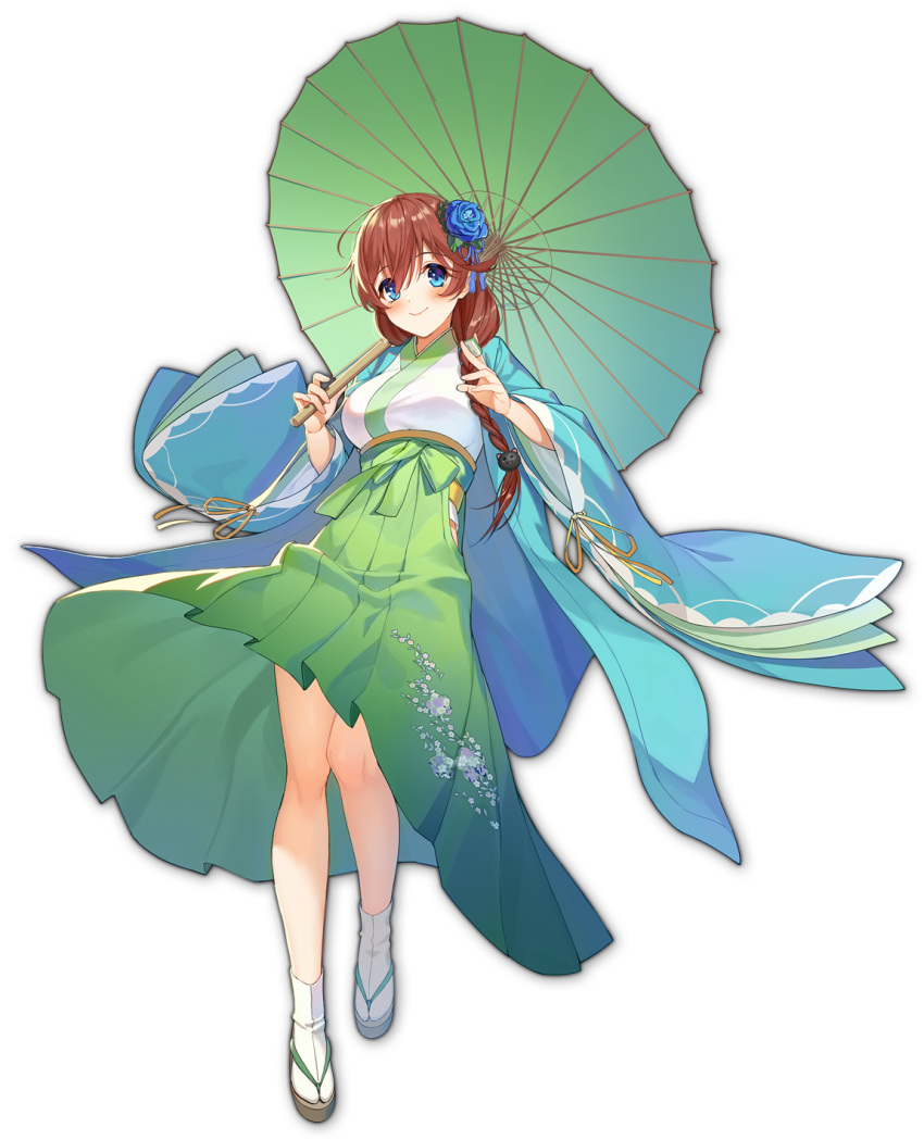 artist_request blue_eyes blue_flower blue_rose braid braided_ponytail female floral_print flower full_body game_cg green_hakama hair_flower hair_ornament hakama hakama_skirt highres holding holding_umbrella japanese_clothes looking_at_viewer mahjong_soul official_art oil-paper_umbrella qingkuniang rose sandals side_ponytail simple_background skirt smile socks solo tabi tachi-e third-party_source transparent_background umbrella