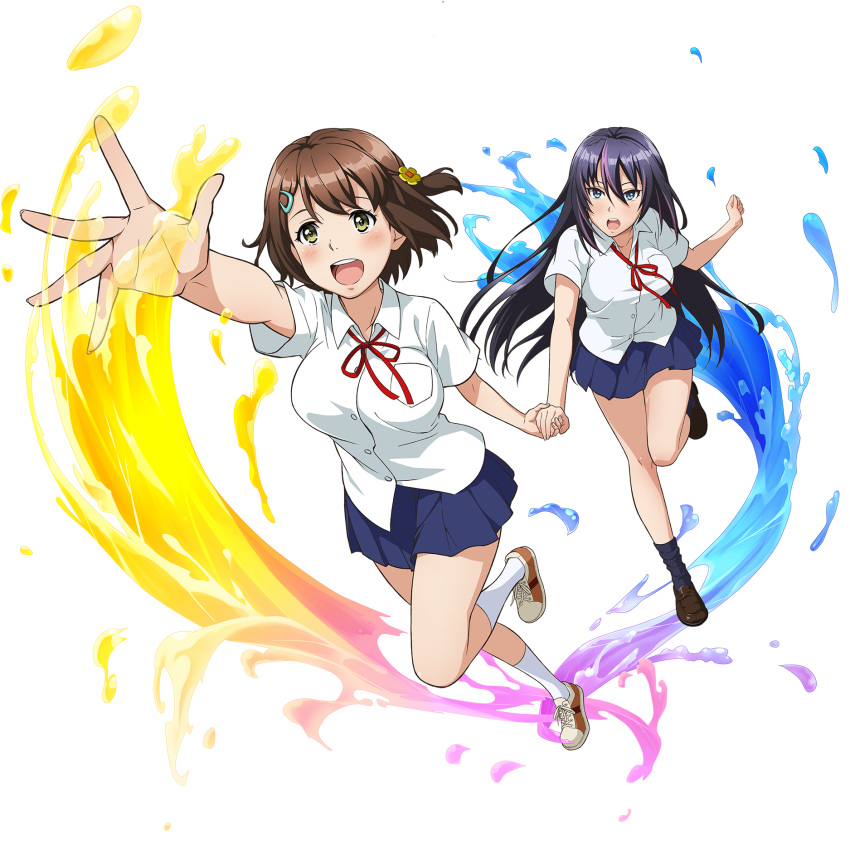 2girls aoi_misa black_hair black_legwear blue_eyes blue_skirt blush breast_pocket brown_footwear brown_hair dress_shirt flower hair_flower hair_ornament hairclip highres holding_hands kandagawa_jet_girls loafers long_hair multicolored_hair multiple_girls namiki_rin naruko_hanaharu official_art open_mouth outstretched_arm pleated_skirt pocket purple_hair shirt shoes short_hair short_sleeves skirt sneakers socks standing streaked_hair transparent_background two-tone_hair white_legwear white_shirt yellow_eyes