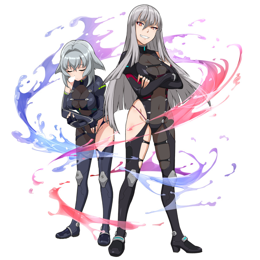 2girls bodysuit breasts closed_eyes crossed_arms fingerless_gloves gloves grey_hair grin hair_between_eyes hair_intakes half-closed_eye highres kandagawa_jet_girls kurenai_kamui large_breasts long_hair mamiya_naraku multiple_girls naruko_hanaharu navel nose_bubble official_art short_hair sleeping sleeping_upright smile standing transparent_background