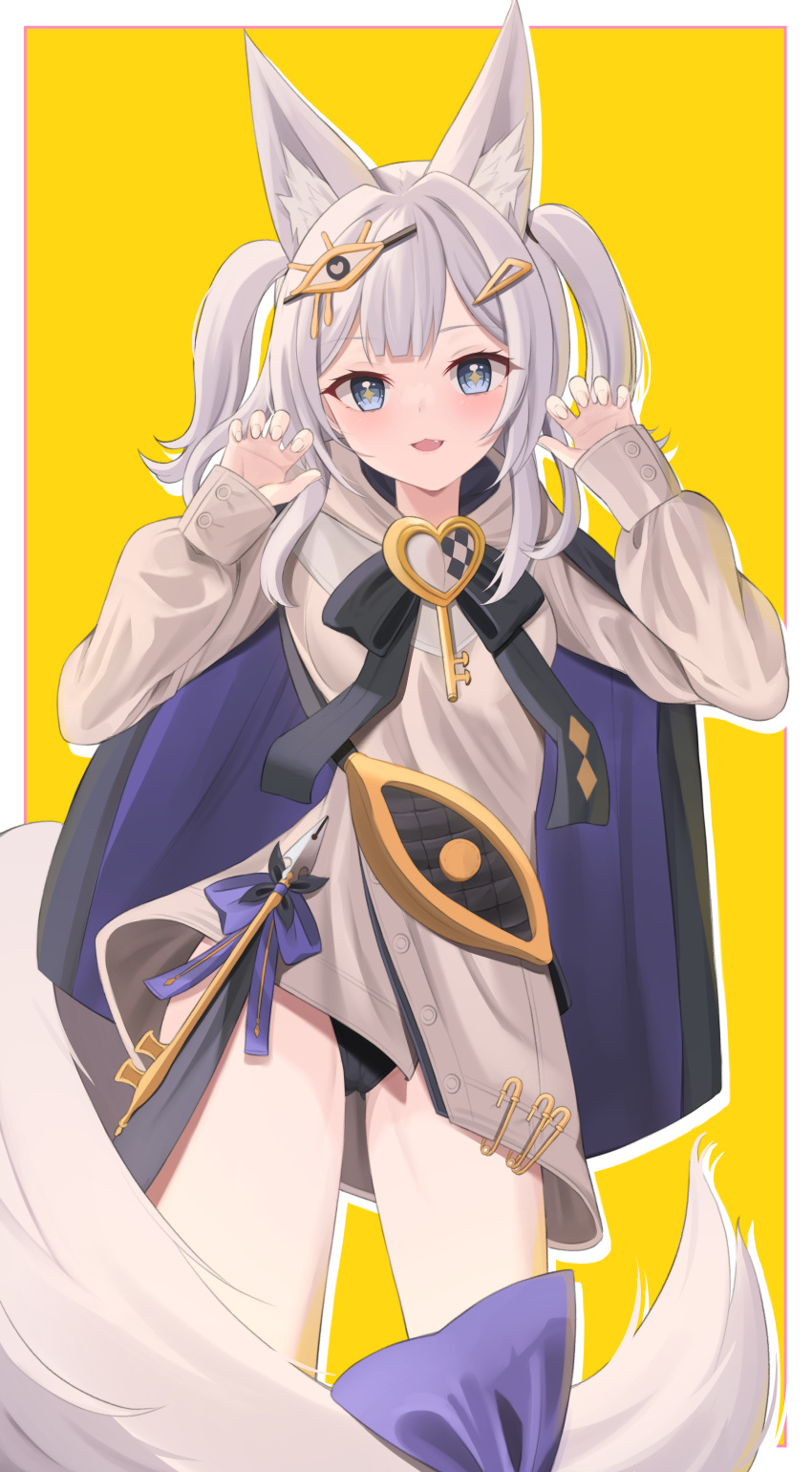 :d absurdres animal_ear_fluff animal_ears ass_visible_through_thighs black_panties blue_eyes brown_hoodie claw_pose commentary_request female grey_hair hair_ornament hairclip hands_up heart highres hood hood_down hoodie indie_virtual_youtuber kasuga_haru key long_hair long_sleeves looking_at_viewer oerba_yun_fang panties puffy_long_sleeves puffy_sleeves sleeves_past_wrists smile solo starfox1015 tail two_side_up underwear virtual_youtuber yellow_background