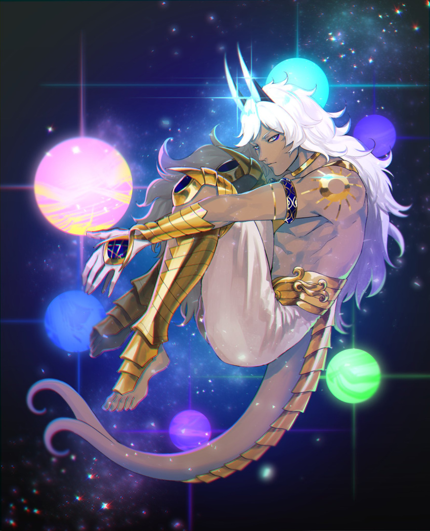 1boy arjuna_(fate) arjuna_alter_(fate) barefoot blue_eyes fate/grand_order fate_(series) highres horns hugging_own_legs legs_together long_hair looking_at_viewer male_focus muscular muscular_male orb solo syaofoo tail white_hair