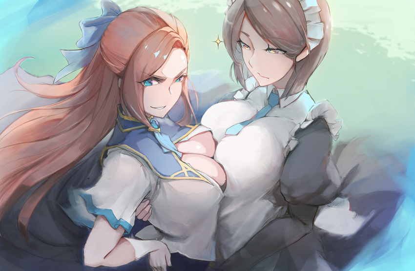 2girls anne_shelley arm_around_back asymmetrical_docking black_bra blue_eyes bra breast_contest breast_press breasts brown_hair cleavage cleavage_cutout clothing_cutout forehead gloves gray_bear hair_ribbon hand_on_own_hip katarina_claes large_breasts light_brown_hair maid maid_headdress medium_breasts multiple_girls otome_game_no_hametsu_flag_shika_nai_akuyaku_reijou_ni_tensei_shite_shimatta photoshop_(medium) ponytail ribbon underwear white_gloves yellow_eyes