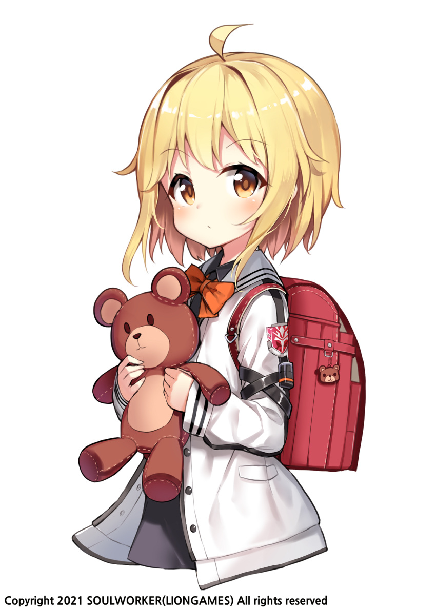 ahoge backpack bag black_shirt blonde_hair bow bowtie cropped_torso darnell female haru_estia highres holding jacket long_sleeves official_art open_clothes open_jacket orange_eyes randoseru sailor_collar shirt short_hair simple_background solo soulworker stuffed_animal stuffed_toy teddy_bear undershirt white_background white_jacket