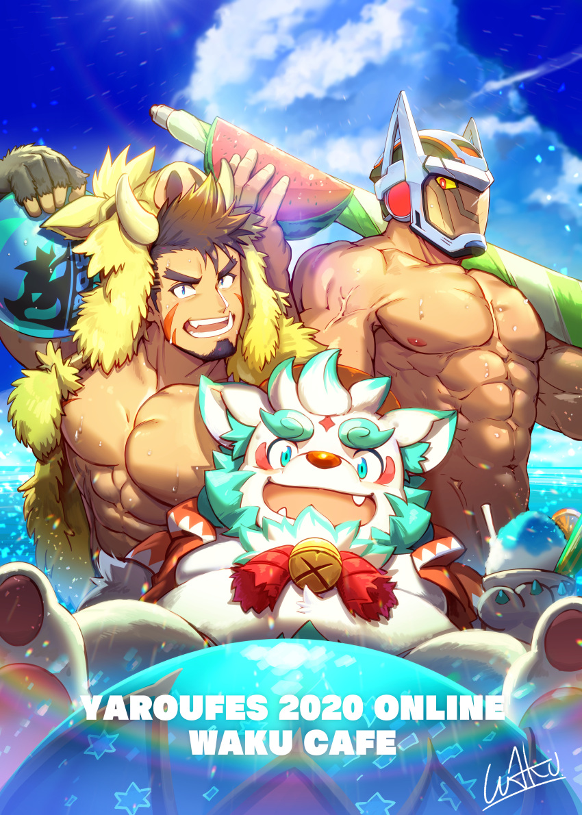 3boys abs absurdres agyo_(housamo) algernon_(housamo) animal_ears animal_hood ball bara bare_pectorals blue_eyes blue_sky boar_boy boar_hood body_fur boy_sandwich brown_hair cloud colored_sclera day english_text facial_hair food fox_boy fox_ears fruit furry furry_male goatee gullinbursti_(housamo) hat helmet highres holding holding_ball hood komainu_boy komainu_ears large_pectorals long_sideburns looking_at_viewer male_focus multiple_boys muscular muscular_male navel nipples oerba_yun_fang on_shoulder open_mouth outdoors pectorals red_eyes sandwiched sideburns signature sitting sky smile standing star_(symbol) swimsuit teeth tokyo_afterschool_summoners umbrella umbrella_on_arm veins waku_(ayamix) watermelon wet yellow_sclera