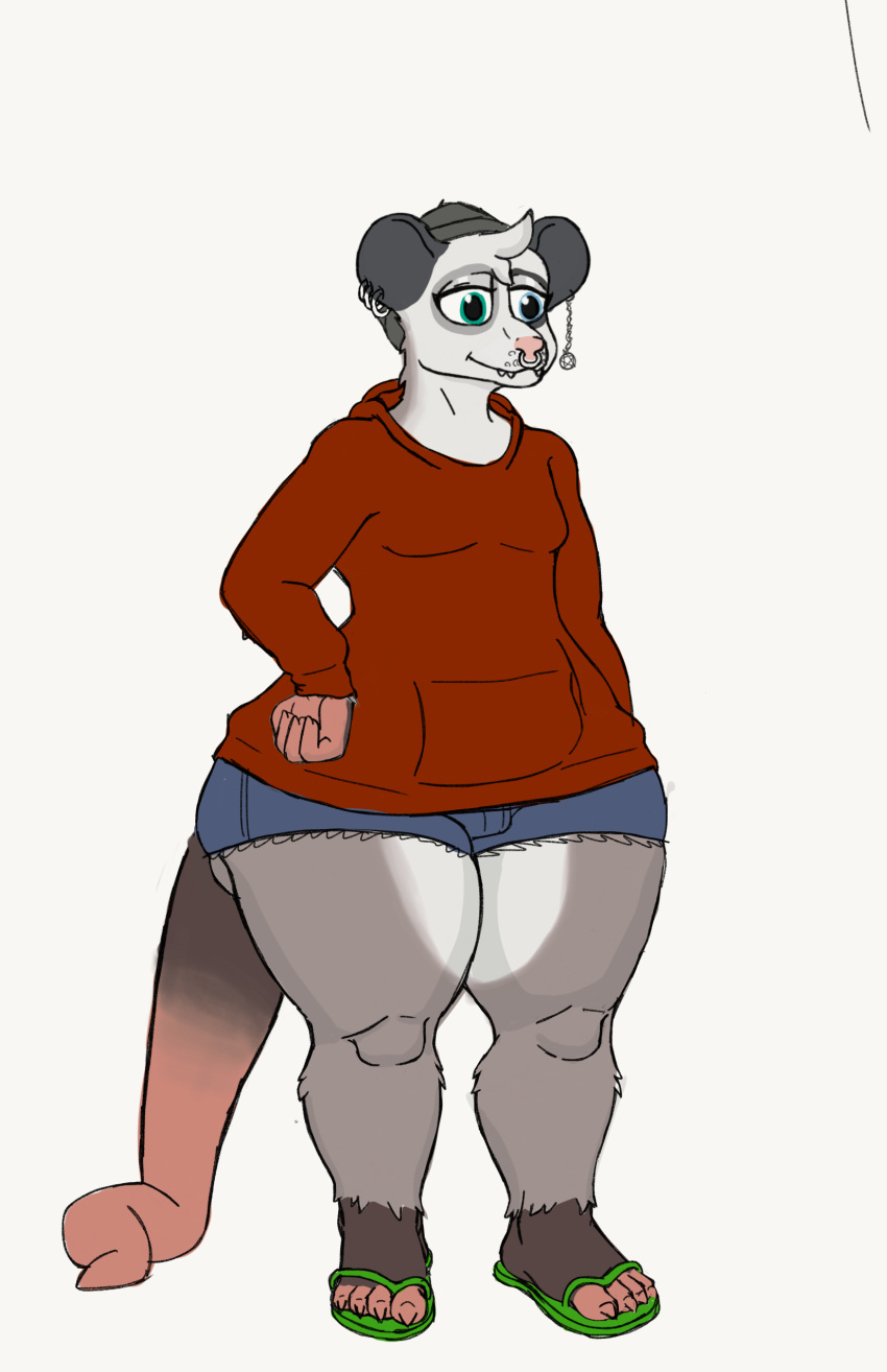 absurd_res american_opossum anthro ass beanie big_butt bottomwear clothing facial_piercing flip_flops footwear hand_on_hip hat headgear headwear heterochromia hi_res hoodie hotpants lotis_kabanacha_(quidhansed) male mammal marsupial nose_piercing overweight overweight_anthro overweight_male piercing quidhansed sandals satanism shorts solo tail_on_ground teeth thick_thighs topwear