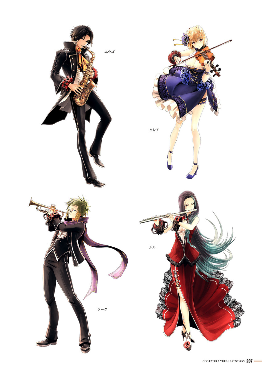 2boys 2girls artist_request black_footwear black_hair blonde_hair blue_dress bracelet breasts claire_victorious cleavage dress flute full_body god_eater god_eater_3 hair_ornament high_heels highres holding hugo_pennywort instrument jewelry long_hair long_sleeves lulu_baran medium_breasts multiple_boys multiple_girls official_art page_number pants parted_bangs red_dress saxophone scar scar_across_eye scar_on_face scarf short_hair simple_background sleeveless strapless strapless_dress thigh_strap trumpet violin white_background zeke_pennywort