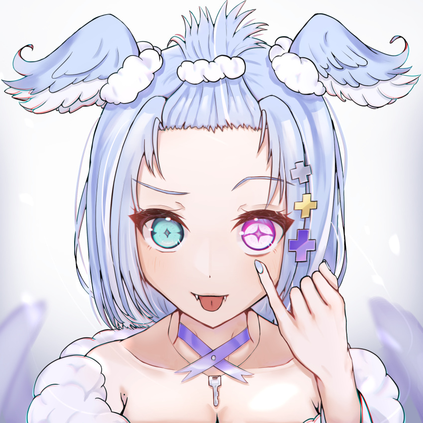 akanbe alternate_hairstyle bangs_pinned_back blue_eyes blue_hair blue_nails bob_cut collarbone commentary_request elira_pendora elira_pendora_(2nd_costume) eyelid_pull fangs female fur_trim head_wings heterochromia highres jewelry key mole necklace nijisanji nijisanji_en off_shoulder portrait purple_eyes short_hair solo sowon_(sowonhae) tongue tongue_out virtual_youtuber wings