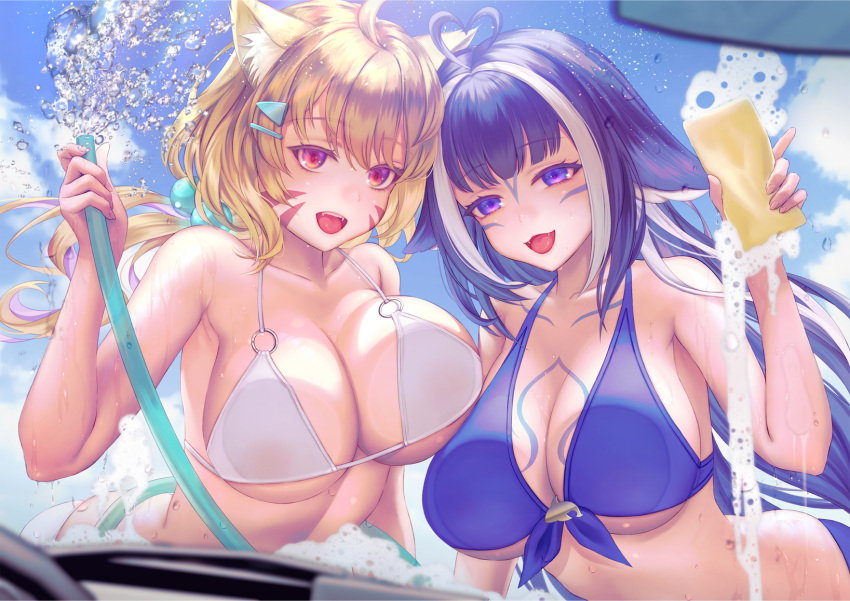 2girls against_glass ahoge animal_ears bikini blonde_hair blue_bikini blue_hair blue_sky body_markings breast_press breasts breasts_on_glass cat_ears cat_girl cleavage commission facial_mark fangs hair_ornament hairclip heart heart_ahoge highres holding holding_hose holding_sponge hose indie_virtual_youtuber large_breasts long_hair looking_at_viewer megumi_(piyo7piyo9) multicolored_hair multiple_girls o-ring o-ring_bikini open_mouth orca_girl purple_eyes red_eyes shylily shyrei_faolan skeb_commission sky smile soap_bubbles sponge streaked_hair swimsuit virtual_youtuber vyugen washing_vehicle white_bikini white_hair