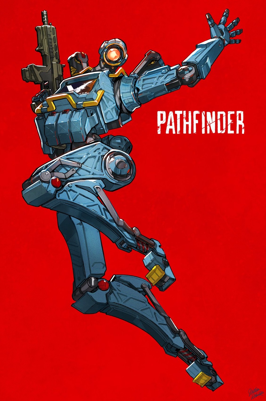 1other apex_legends assault_rifle character_name commentary cyclops fabulous finger_on_trigger full_body gun hemlok highres holding holding_gun holding_weapon joints long_legs metal_skin mika_pikazo no_pupils one-eyed orange_eyes pathfinder_(apex_legends) red_background rifle robot robot_joints solo weapon