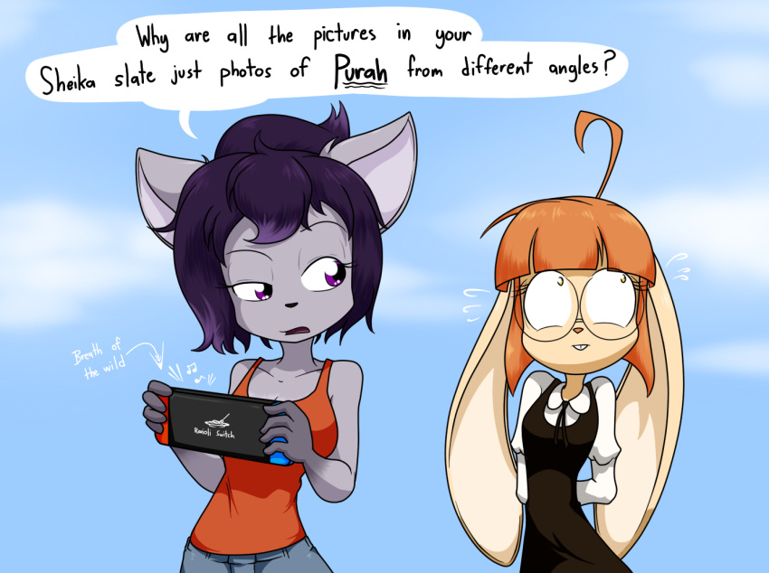 2019 anthro becca_(sandwich-anomaly) big_breasts bodily_fluids breasts buckteeth canid canine cleavage clothed clothing detailed_background dialogue digital_media_(artwork) duo electronics english_text eyelashes eyewear female fingers fox fur game_console glasses grey_body grey_fur hair highlights_(coloring) lagomorph leporid maid_uniform mammal multicolored_body multicolored_fur multicolored_hair nintendo nintendo_switch orange_hair outside purple_eyes purple_hair purple_highlights rabbit sandwich-anomaly shirt standing sweat tan_body tan_fur tank_top teeth text topwear uniform victoria_(sandwich-anomaly) yellow_eyes