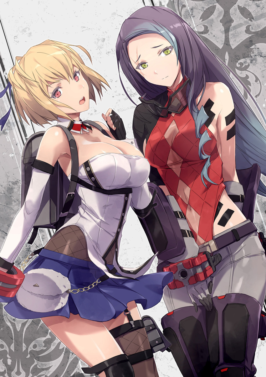 2girls artist_request backpack bag bare_shoulders belt blonde_hair blue_skirt bracelet breasts buttons claire_victorious cleavage drill_hair fingerless_gloves gloves god_eater god_eater_3 goggles goggles_around_neck gradient_hair grey_hair highres jewelry leotard leotard_under_clothes lulu_baran miniskirt multicolored_hair multiple_girls official_art open_mouth page_number parted_bangs pleated_skirt purple_hair red_eyes red_leotard scar scar_across_eye scar_on_face shiny_skin simple_background skirt thighhighs