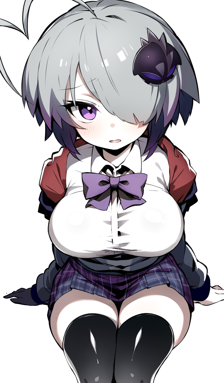 absurdres ahoge asymmetrical_bangs black_thighhighs blush bombergirl breasts collared_shirt dress_shirt female gray_(bombergirl) grey_hoodie hair_ornament hair_over_one_eye highres hood hoodie huge_ahoge large_breasts latex latex_thighhighs long_bangs long_sleeves miniskirt one_eye_covered open_mouth purple_skirt shimejinameko shiny_clothes shiny_legwear shirt short_hair sitting skirt solo straight-on thighhighs thighs white_shirt zettai_ryouiki