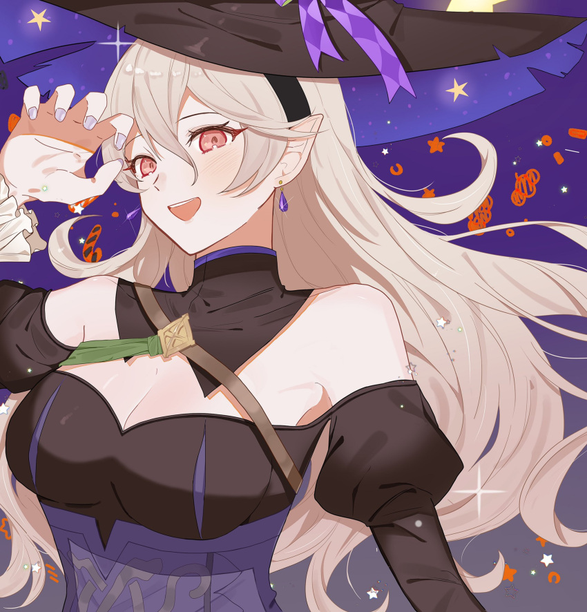 bare_shoulders black_dress black_hat breasts candy cleavage corrin_(female)_(fire_emblem) corrin_(female)_(halloween)_(fire_emblem) corrin_(fire_emblem) detached_collar detached_sleeves dress female fffera fire_emblem fire_emblem_fates fire_emblem_heroes food grey_hair halloween halloween_costume hat highres large_breasts long_hair official_alternate_costume pointy_ears purple_nails red_eyes simple_background solo star_(symbol) upper_body witch witch_hat