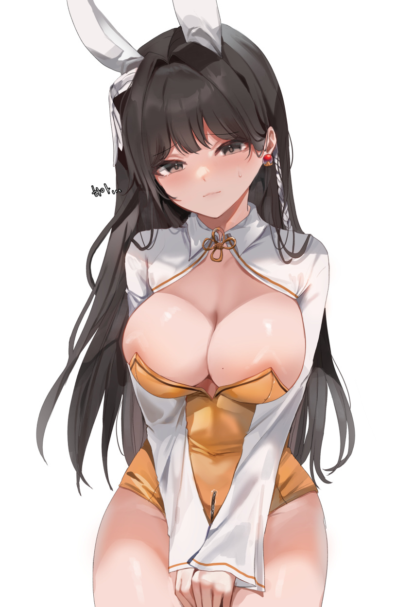 absurdres animal_ears black_eyes black_hair blush breasts character_request check_copyright cleavage closed_mouth copyright_request cowboy_shot crotch_zipper dolechan dungeon_and_fighter earrings english_commentary fake_animal_ears female female_priest_(dungeon_and_fighter) hair_ornament highres jewelry korean_commentary large_breasts leotard long_hair long_sleeves looking_at_viewer md5_mismatch mixed-language_commentary mole mole_on_breast playboy_bunny rabbit_ears resolution_mismatch shaman_(dungeon_and_fighter) shrug_(clothing) simple_background solo source_smaller white_background yellow_leotard zipper