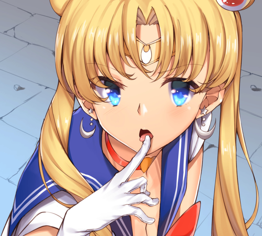 bishoujo_senshi_sailor_moon bishoujo_senshi_sailor_moon_s blonde_hair blue_eyes blue_sailor_collar breasts choker circlet cleavage commentary_request crescent crescent_earrings derivative_work earrings female finger_to_tongue gloves hair_ornament hair_over_shoulder heart heart_choker jewelry kaname_(melaninusa09) long_hair looking_at_viewer magical_girl meme open_mouth parted_bangs red_choker sailor_collar sailor_moon sailor_moon_redraw_challenge_(meme) sailor_senshi_uniform screenshot_redraw solo tongue tongue_out tsukino_usagi twintails upper_body white_gloves