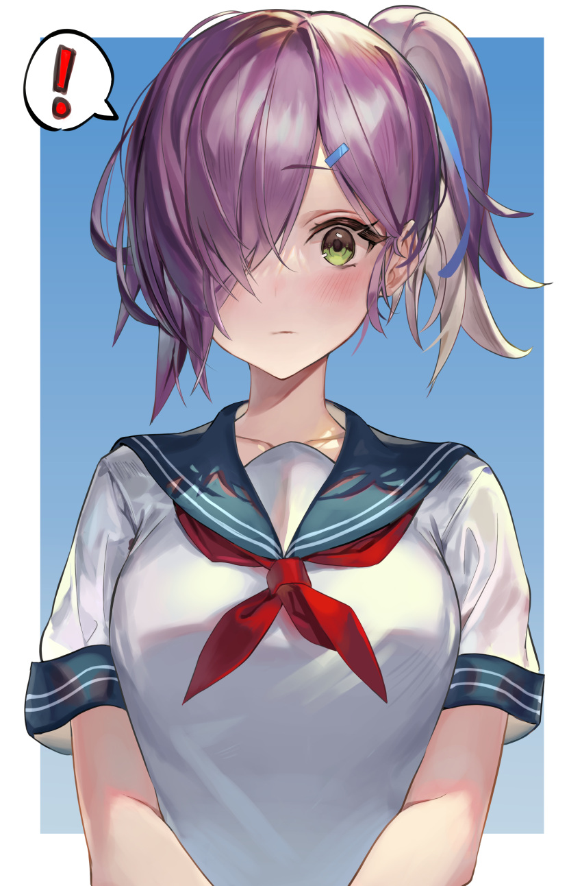 ! absurdres azur_lane blue_background blue_sailor_collar blush breasts closed_mouth collarbone commentary female green_eyes hair_between_eyes hair_ornament hair_over_one_eye hairclip highres kabi_(zcwd8845) large_breasts long_hair looking_at_viewer neckerchief official_alternate_costume ponytail purple_hair red_neckerchief sailor_collar school_uniform shirt short_sleeves sidelocks solo spoken_exclamation_mark standing trieste_(azur_lane) trieste_(rooftop_lunch_break)_(azur_lane) upper_body white_shirt