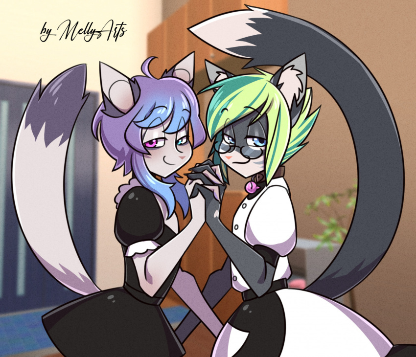 anthro azzie bell bell_collar blue_eyes clothing collar domestic_cat duo eyewear felid feline felis femboy florian_cm glasses green_hair hair hand_holding heterochromia maid_uniform male mammal mellyarts multicolored_hair raised_tail smile smirk tail uniform