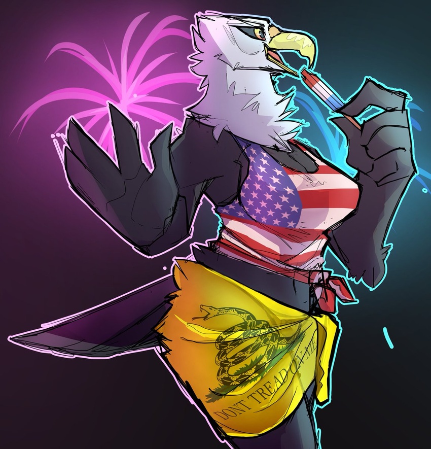 2021 4th_of_july 5_fingers accipitrid accipitriform american_eagle american_flag anthro avian avoid_posting bald_eagle beak biped bird black_body black_eyebrows black_feathers black_sclera bottomwear breasts cleavage clothed clothing coffaebeans curvy_figure digital_media_(artwork) don't_tread_on_me eagle english_text eyebrows eyelashes feathers female fingers fireworks food fully_clothed gadsden_flag hi_res holding_food holding_object holidays hourglass_figure multicolored_body multicolored_feathers non-mammal_breasts open_beak open_mouth popsicle sea_eagle shaded side_view skimpy solo tail tail_feathers text text_on_bottomwear text_on_clothing thick_thighs topwear two_tone_body two_tone_feathers united_states_of_america white_body white_feathers wide_hips yellow_beak yellow_eyes