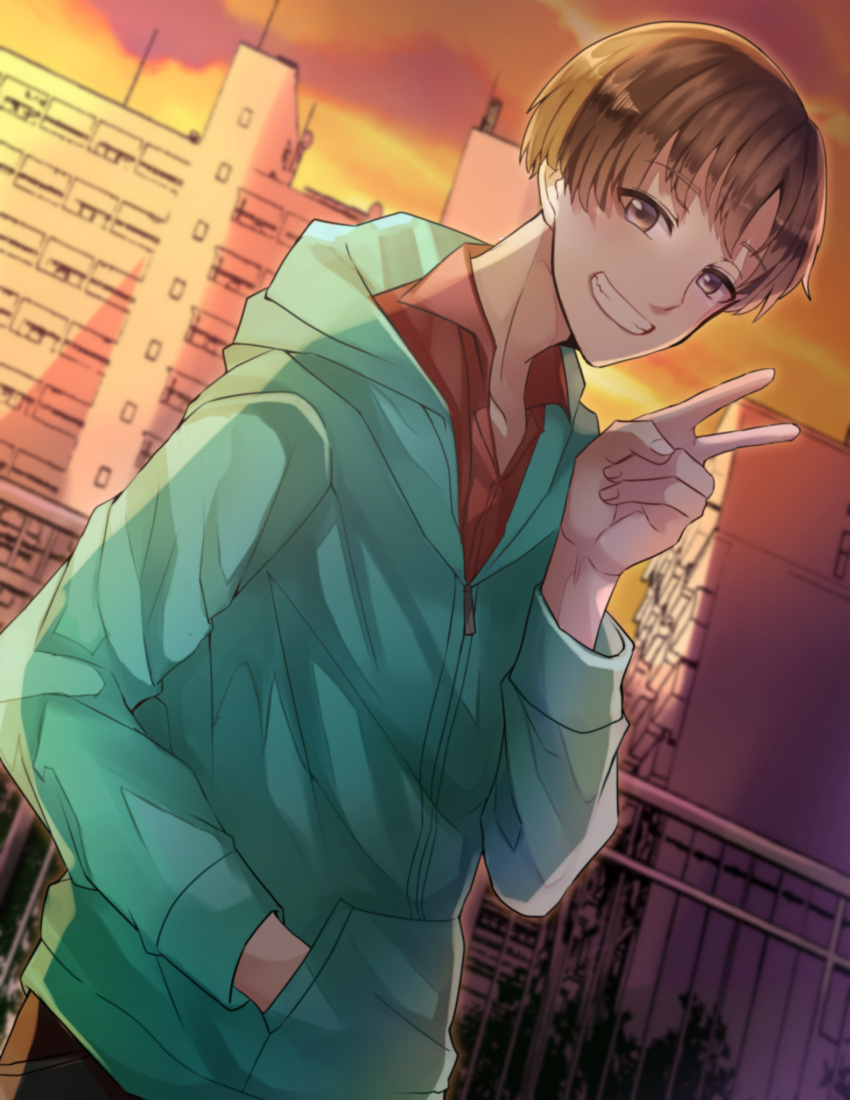 1boy aqua_jacket brown_hair hand_in_pocket highres hood hooded_jacket jacket james_moriarty_(kabukichou_sherlock) kabukichou_sherlock long_sleeves looking_at_viewer male_focus outdoors short_hair smile solo standing takishiro_(kuri2010) twilight upper_body v