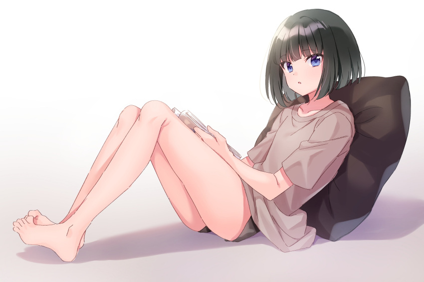 1boy barefoot black_hair blue_eyes blunt_bangs blush bob_cut collarbone feet full_body highres idolmaster idolmaster_side-m kagura_rei legs looking_at_viewer male_focus otoko_no_ko rayuse short_shorts shorts solo toes