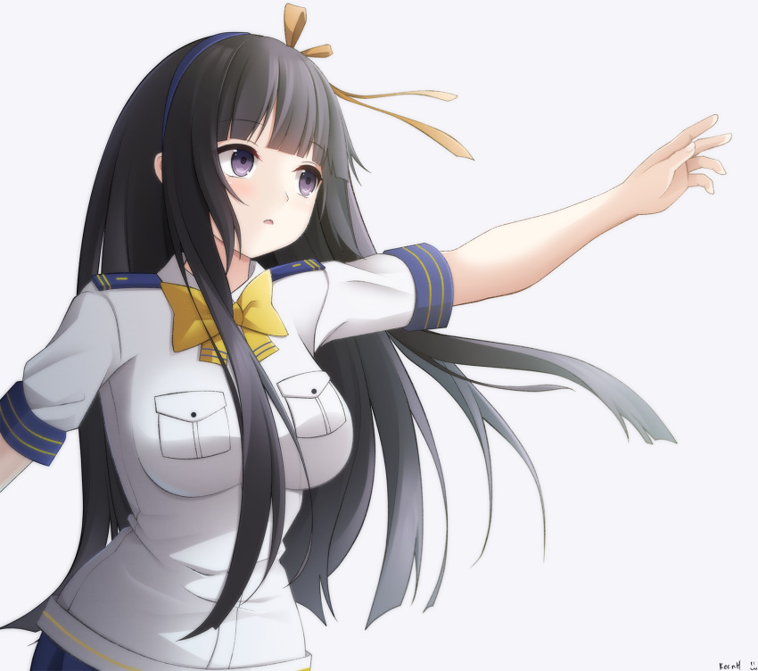 aoki_hagane_no_arpeggio black_hair blue_hairband blue_skirt blunt_bangs blush bow breasts brown_bow collared_shirt commentary_request commission female floating_hair grey_background hairband hairbow highres keenh large_breasts long_hair looking_away outstretched_arm parted_lips pleated_skirt purple_eyes shirt short_sleeves signature simple_background skirt solo very_long_hair white_shirt yamato_(aoki_hagane_no_arpeggio) yellow_bow