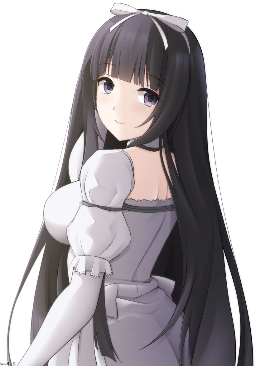 aoki_hagane_no_arpeggio backless_dress backless_outfit black_hair blunt_bangs blush bow breasts closed_mouth commentary_request commission dress female from_behind hairband hairbow highres keenh large_breasts long_hair looking_at_viewer looking_back puffy_short_sleeves puffy_sleeves purple_eyes short_sleeves signature simple_background smile solo very_long_hair white_background white_bow white_dress white_hairband yamato_(aoki_hagane_no_arpeggio)