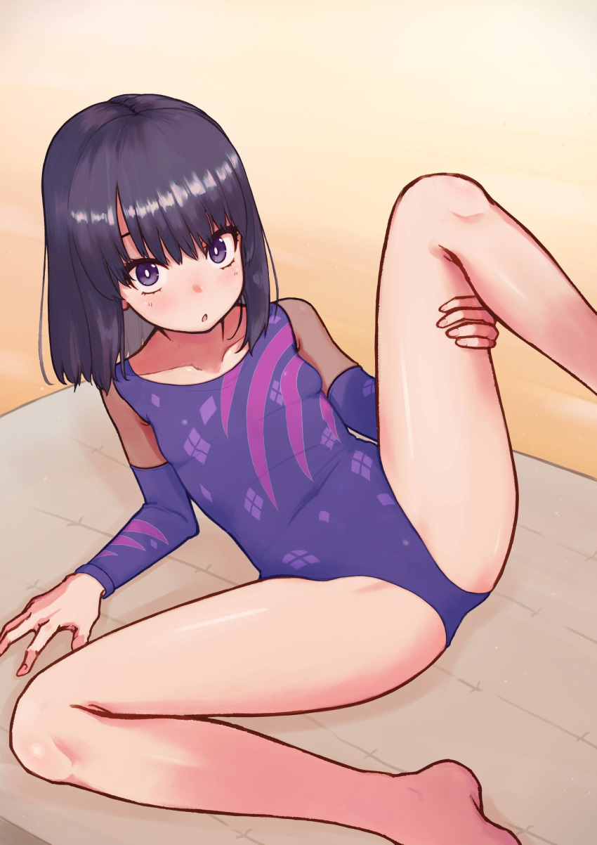 athletic_leotard barefoot black_hair commentary_request feet_out_of_frame female gymnastics highres himeragi_rinze leotard looking_at_viewer lying mat on_side purple_eyes purple_leotard reco_love reco_love_gold_beach saisho_no_nakama short_hair solo spread_legs wooden_floor