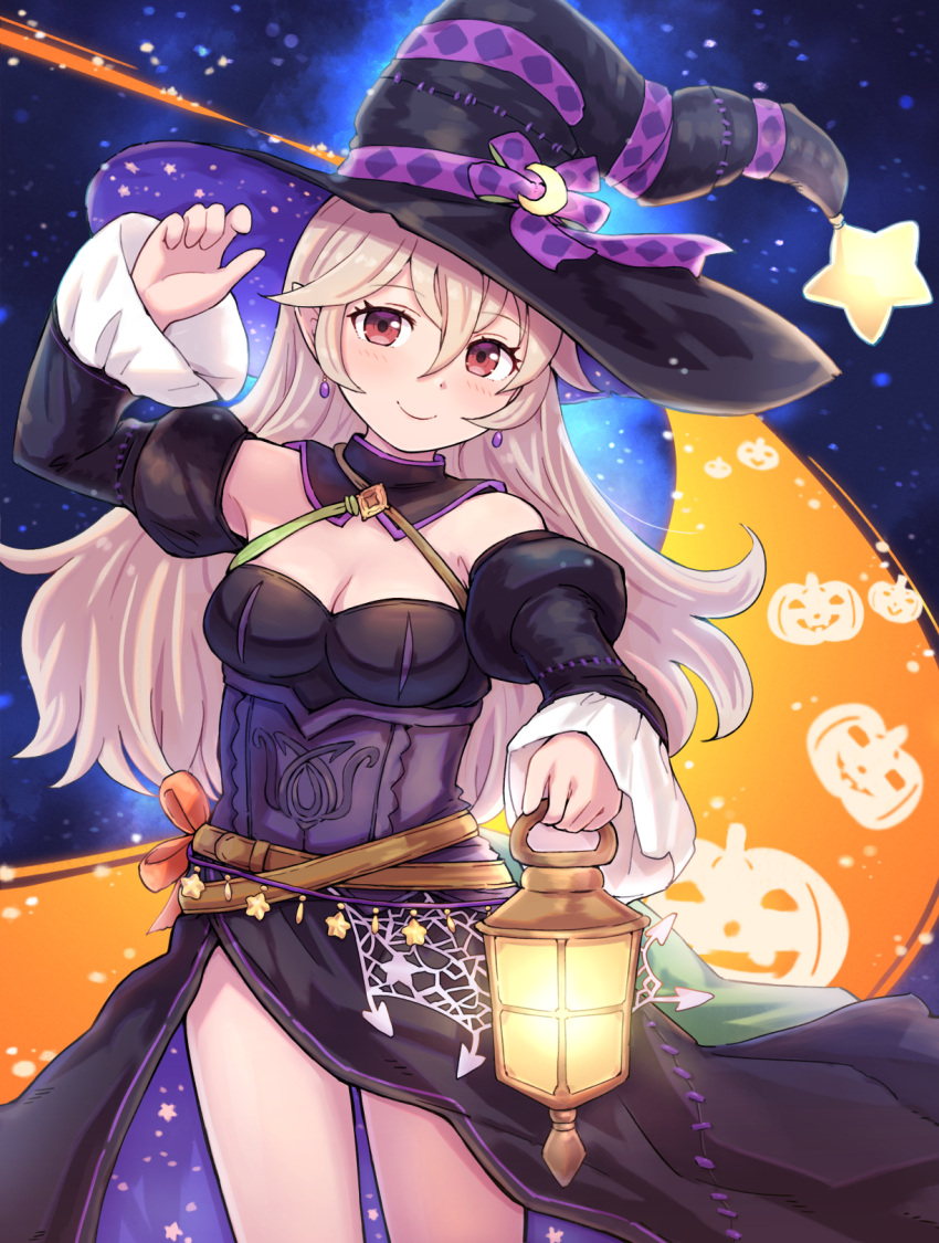 bare_shoulders belt black_dress breasts corrin_(female)_(fire_emblem) corrin_(female)_(halloween)_(fire_emblem) corrin_(fire_emblem) crescent crescent_hat_ornament detached_collar detached_sleeves dress earrings female fire_emblem fire_emblem_fates fire_emblem_heroes grey_hair halloween halloween_costume hat hat_ornament highres jewelry kutabireta_neko lamp long_hair long_sleeves medium_breasts night night_sky official_alternate_costume red_eyes side_slit simple_background sky solo star_(symbol) witch witch_hat