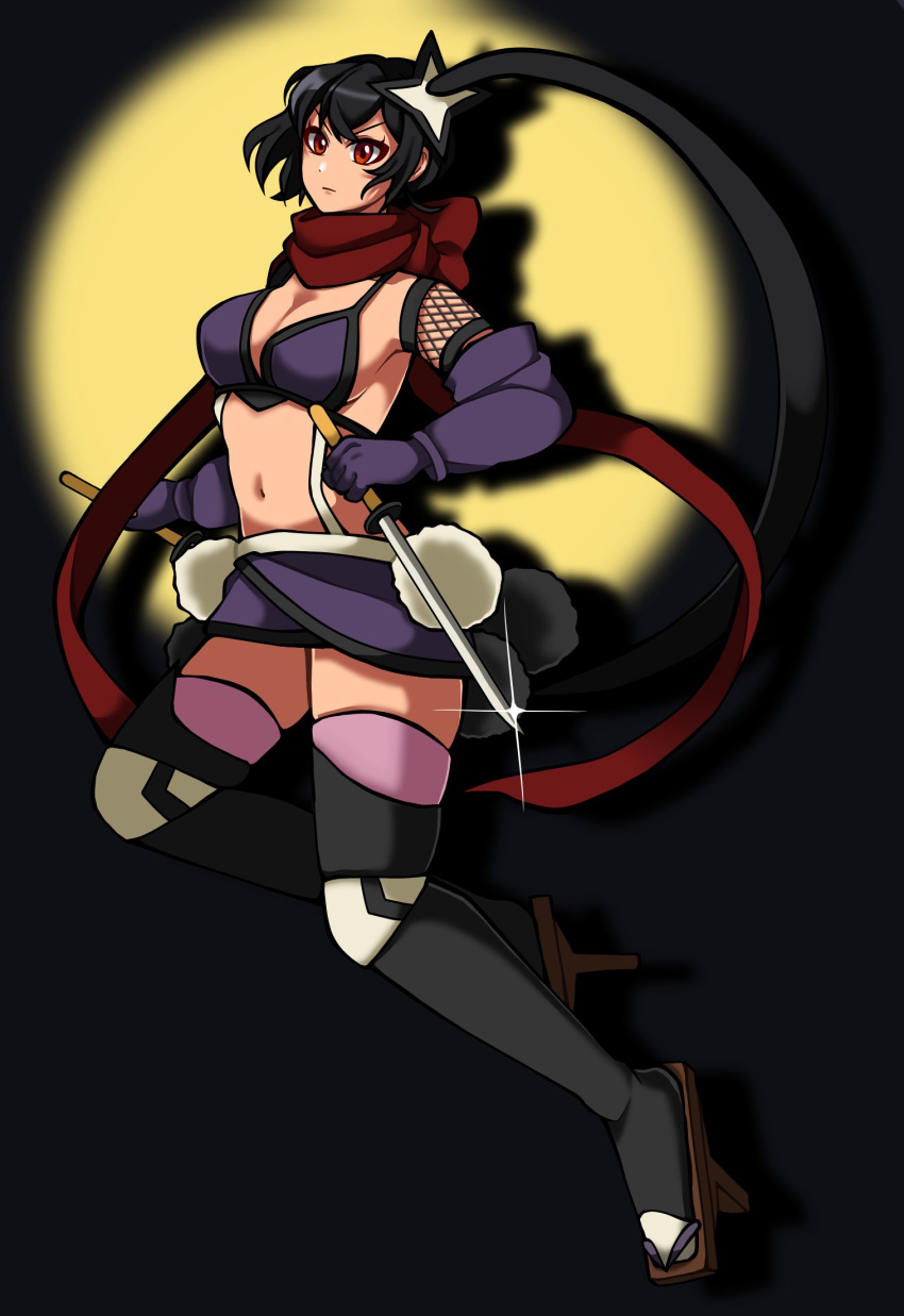 1jumangoku back_bow black_background black_hair black_thighhighs black_trim blurry blurry_background bow bra breasts brown_footwear chin cleaver closed_mouth commentary_request dagger detached_sleeves dual_wielding eyelashes female fishnet_armwear frown geta gleam gloves highres holding holding_dagger holding_knife holding_weapon knife long_hair long_sleeves looking_at_viewer mahou_shoujo_ikusei_keikaku mahou_shoujo_ikusei_keikaku_unmarked medium_breasts navel pom_pom_(clothes) purple_bra purple_gloves purple_shorts purple_sleeves red_bow red_eyes red_scarf ripple_(mahoiku) scarf shadow shorts shuriken_hair_ornament side_ponytail spotlight suspenders thighhighs underwear v-shaped_eyebrows weapon yellow_background