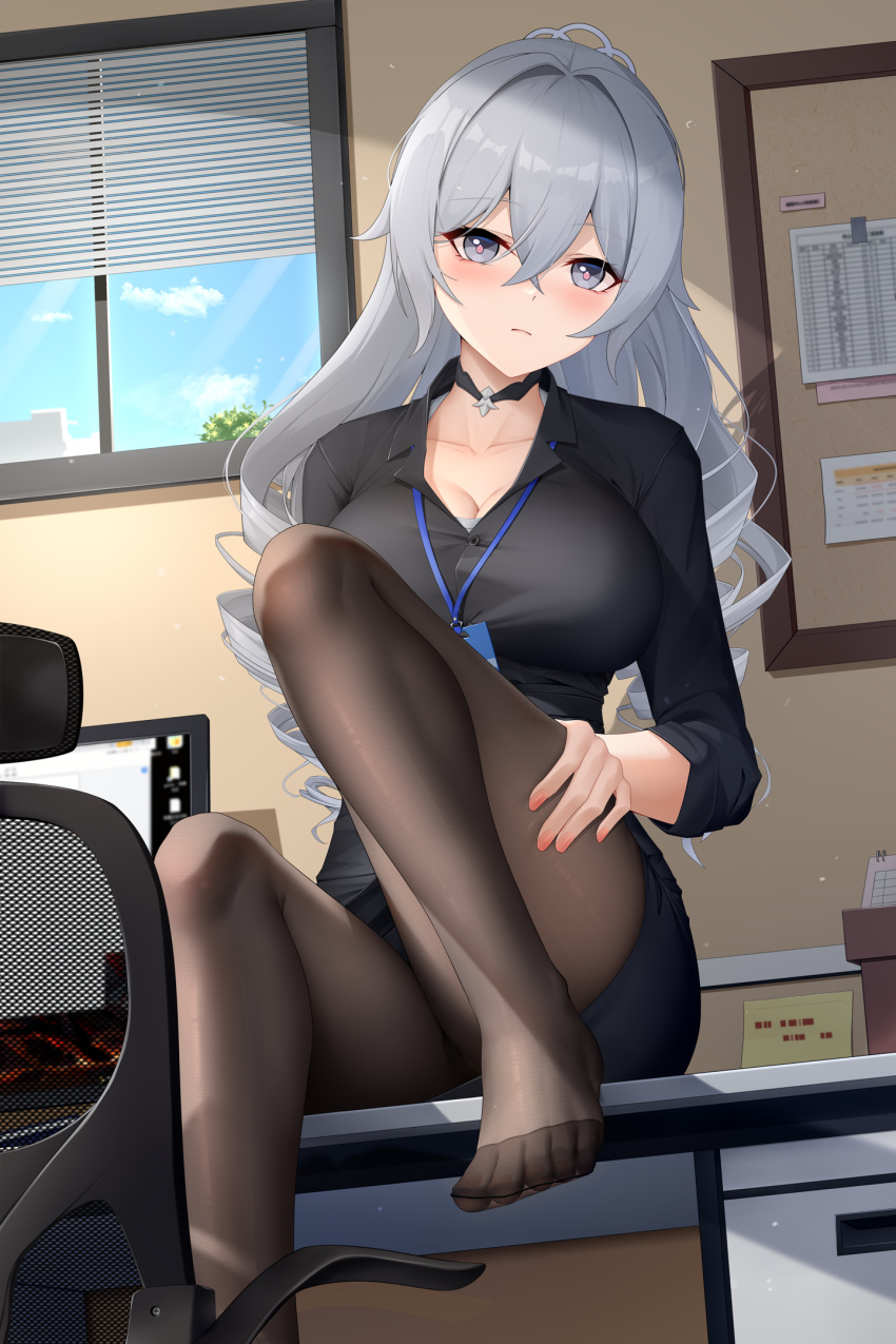 black_choker black_jacket black_panties black_pantyhose black_skirt blue_sky blush breasts bronya_zaychik bronya_zaychik_(silverwing:_n-ex) bulletin_board chair choker cleavage closed_mouth crossed_bangs drill_hair feet female foot_out_of_frame grey_eyes grey_hair highres honkai_(series) honkai_impact_3rd id_card indoors jacket knee_up lanyard large_breasts legs long_hair long_sleeves looking_at_viewer lrh0123 monitor nail_polish no_shoes office office_chair office_lady orange_nails panties pantyhose skirt sky solo sticky_note swivel_chair table toenail_polish toenails toes twin_drills underwear upskirt very_long_hair