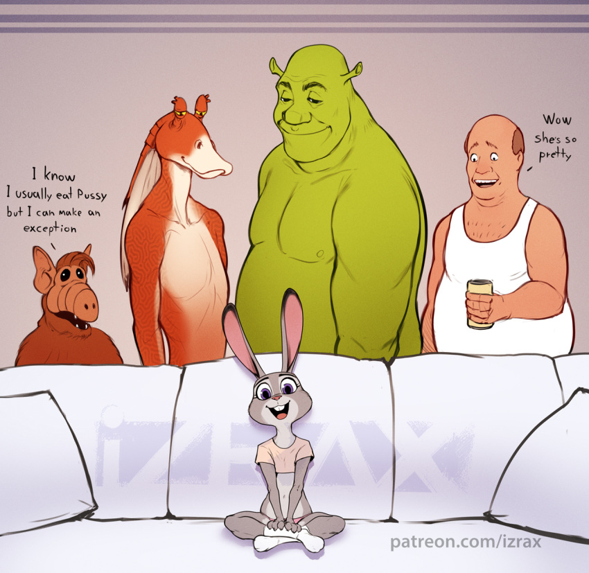 2023 alf alien amphibian anthro beverage bill_dauterive buckteeth clothed clothing crossover cursed_image dialogue disney dreamworks ear_stalk english_text european_rabbit female furniture gordon_shumway group gungan haillu_(anatomy) hi_res holding_beverage holding_object human humanoid humor inside izra jar_jar_binks judy_hopps king_of_the_hill lagomorph leporid looking_at_viewer male mammal melmacian meme multicolored_body nude ogre on_sofa open_mouth open_smile oryctolagus otolla_gungan piper_perri_surrounded purple_eyes rabbit shitpost shrek_(character) shrek_(series) sitting skimpy smile sofa star_wars teeth text two_tone_body url what yellow_sclera zootopia