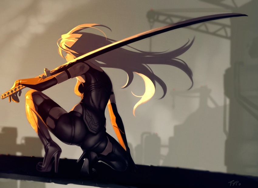 a2_(nier:automata) android ass bad_id bad_twitter_id boots breasts commentary elbow_gloves english_commentary factory female floating_hair from_behind full_body gloves high_heel_boots high_heels huge_weapon inactive_account joints katana long_hair medium_breasts nier:automata nier_(series) on_one_knee optionaltypo post-apocalypse robot_joints solo spread_legs sunset sword virtuous_contract weapon wind wind_lift