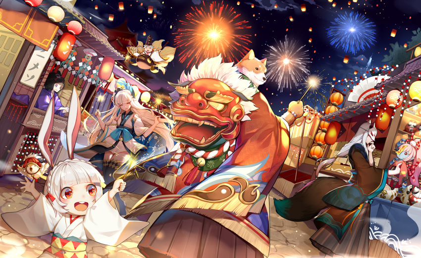 animal_ears bell chinese_commentary commentary_request ebisu_(onmyoji) fireworks greetload highres inugami_(onmyoji) lantern lantern_on_liquid mouba_(onmyoji) night night_sky official_art onmyoji open_mouth paper_lantern red_eyes sky tail white_hair yama_usagi_(onmyoji) youko_(onmyoji) yuki_onna_(onmyoji)