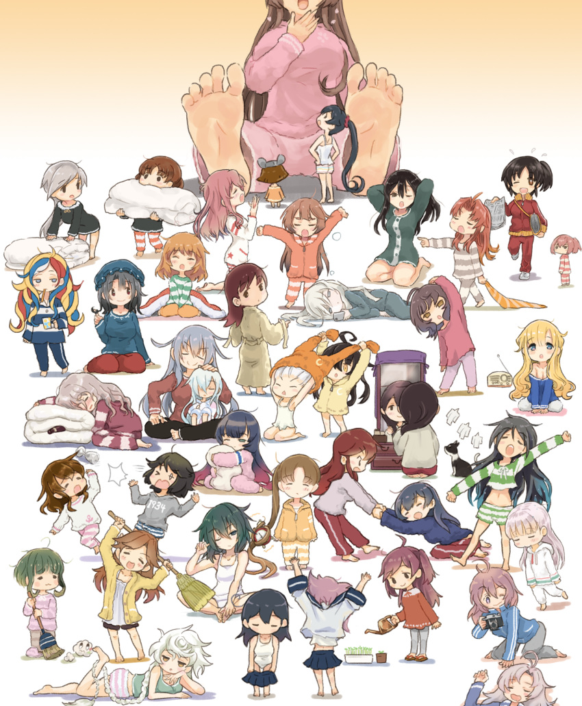 6+girls agano_(kancolle) ahoge akebono_(kancolle) alarm_clock alternate_costume animal aoba_(kancolle) arashio_(kancolle) ayanami_(kancolle) bag barefoot bathrobe black_hair blanket blonde_hair blue_hair blush broom brown_hair camera chikuma_(kancolle) chitose_(kancolle) chiyoda_(kancolle) clock closed_eyes commandant_teste_(kancolle) commentary_request feet feline fletcher_(kancolle) gangut_(kancolle) giant giantess gradient_background gradient_hair green_hair grey_hair hachijou_(kancolle) hagikaze_(kancolle) hair_down hibiki_(kancolle) highres holding inazuma_(kancolle) kagerou_(kancolle) kantai_collection kasuga_maru_(kancolle) katsuragi_(kancolle) kazagumo_(kancolle) kikuzuki_(kancolle) kinugasa_(kancolle) kishinami_(kancolle) kiso_(kancolle) long_hair long_sleeves lying maestrale_(kancolle) matsuwa_(kancolle) messy_hair mikazuki_(kancolle) mirror miss_cloud miyuki_(kancolle) multicolored_hair multiple_girls nagara_(kancolle) newspaper noshiro_(kancolle) on_back on_side ooi_(kancolle) open_mouth orange_hair pajamas pale_skin panties pink_hair plant pola_(kancolle) ponytail purple_hair radio red_hair saiguchi_otoufu saratoga_(kancolle) shiranui_(kancolle) short_hair simple_background sitting smile standing streaked_hair stretching sweeping takanami_(kancolle) takao_(kancolle) toothbrush u-511_(kancolle) underwear unryuu_(kancolle) unsinkable_sam ushio_(kancolle) verniy_(kancolle) watering_can white_hair white_panties yahagi_(kancolle) yamato_(kancolle) yukikaze_(kancolle)