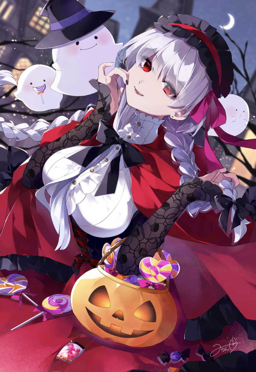 absurdres blush braid breasts candy cape capelet center_frills corset crescent_moon fate/grand_order fate_(series) female food frilled_hairband frills ghost hair_ribbon hairband halloween halloween_bucket halloween_costume hat highres hood hooded_cape kama_(fate) kama_(halloween_horror_night)_(fate) large_breasts lollipop long_hair long_sleeves looking_at_viewer low_twin_braids misaki346 moon mouth_hold night night_sky pink_ribbon red_capelet red_eyes red_skirt ribbon shirt skirt sky smile solo_focus tongue tongue_out twin_braids white_hair white_shirt witch_hat