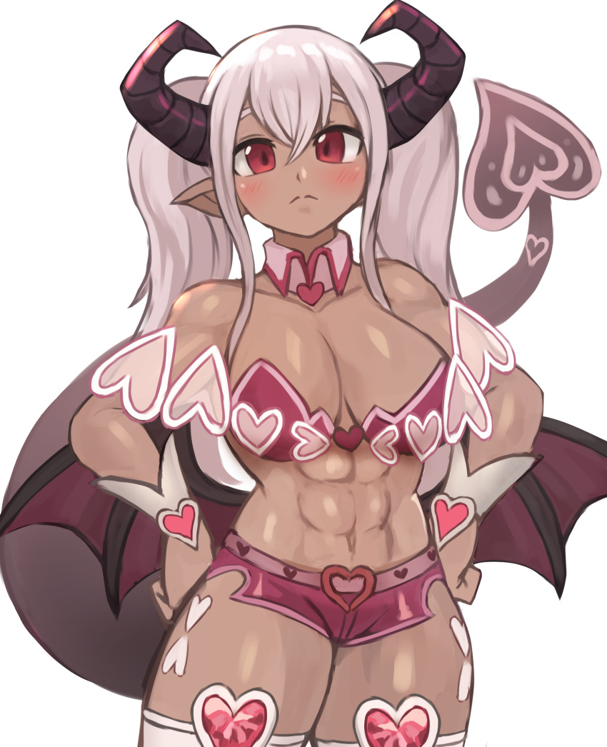 abs absurdres alp_(monster_girl_encyclopedia) bat_wings blush breasts cleavage closed_mouth commentary commission dark-skinned_female dark_skin demon_girl demon_horns demon_tail detached_collar english_commentary female hands_on_own_hips heart highres horns long_hair looking_at_viewer monster_girl_encyclopedia muscular muscular_female navel pink_shorts pixiv_commission red_eyes short_shorts shorts simple_background solo sookmo standing tail thighhighs thighs twintails white_background white_hair wide_hips wings