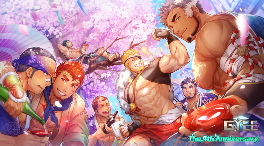 6+boys abs alca_(wakatanka4) alcohol animal_ears armband bara beard belt biceps black_hair blonde_hair blue_sky blush bottle cherry_blossoms chest_tattoo choko_(cup) closed_eyes cup diadem eating extra_ears eyepatch facial_hair falling_petals fingerless_gloves flexing gauntlets gloves gozu_farm gyee headband highres japanese_clothes kamui_(gyee) kimono kong_(gyee) large_pectorals leg_tattoo logo looking_at_viewer male_focus markus_(gyee) multicolored_hair multiple_boys muscular muscular_male nipples official_art open_mouth outdoors pectorals petals priapus_a._tarou rand_(gyee) red_eyes red_hair sake sake_bottle sitting sky smile smirk sparkle spiked_hair takashi_(gyee) tattoo teeth thick_arms thick_eyebrows tree two-tone_beard wavy_mouth white_hair yaoi