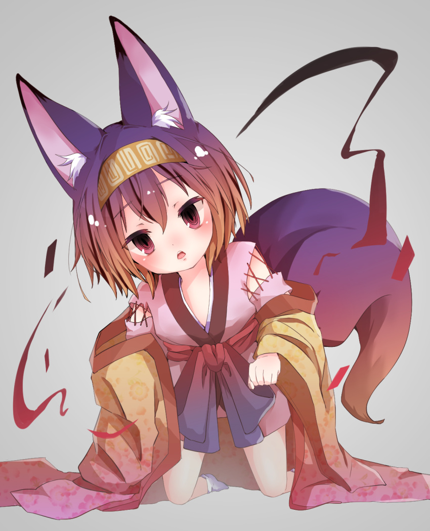 animal_ear_fluff animal_ears bow commentary dot_nose female floral_print fox_ears fox_girl fox_tail grey_background hairband hatsuse_izuna highres iz8 japanese_clothes kimono kneeling large_bow lolicon long_sleeves looking_at_viewer no_game_no_life open_mouth purple_eyes purple_hair purple_kimono sash short_hair short_kimono simple_background socks solo tail tsurime white_socks