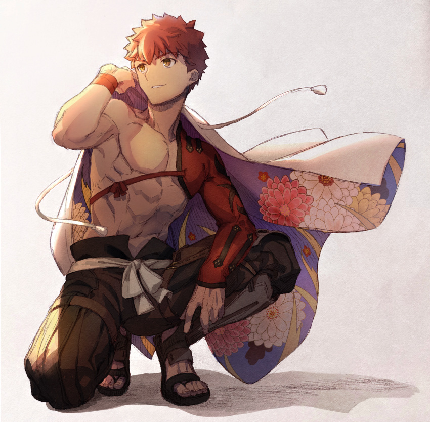 1boy absurdres emiya_shirou fate/grand_order fate_(series) highres igote looking_to_the_side male_focus okonon_(kado_colda) orange_hair red_hair senji_muramasa_(fate) short_hair smile solo squatting sword toned toned_male weapon wind yellow_eyes