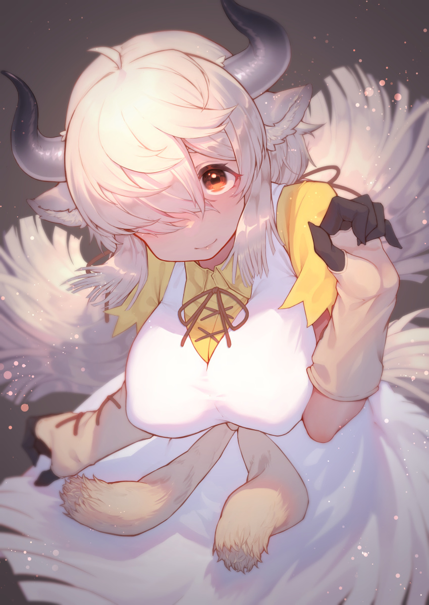 absurdres ahoge akuma_(st.takuma) animal_ears black_horns blonde_hair breasts brown_eyes brown_ribbon closed_mouth collared_shirt commentary dress female floating_hair gloves grey_horns hair_over_one_eye hair_ribbon hand_up highres horns kemono_friends kemono_friends_3 large_breasts leaning_forward long_dress long_hair looking_at_viewer multicolored_horns neck_ribbon ox_ears ox_girl ox_horns parted_bangs ribbon shirt short_sleeves smile solo tail very_long_hair white_dress wing_collar yak_(kemono_friends) yellow_shirt