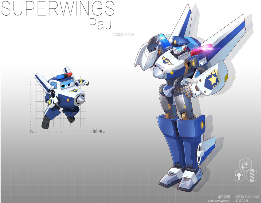 2017 aircraft airplane dated hand_on_own_hip highres mecha no_humans open_mouth paul_(super_wings) photoshop_(medium) police redesign reference_inset robot salute solo super_wings visor zhuyukun