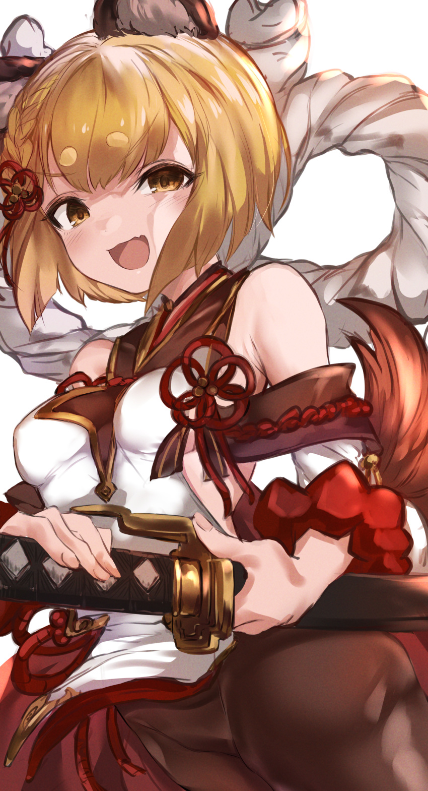 absurdres animal_ears bare_shoulders blonde_hair blush breasts detached_sleeves dog_ears dog_tail erune female granblue_fantasy highres katana maou_(maoudaisukiya) medium_breasts oerba_yun_fang open_mouth pantyhose short_hair smile solo sword tail thick_eyebrows vajra_(granblue_fantasy) weapon wide_sleeves yellow_eyes