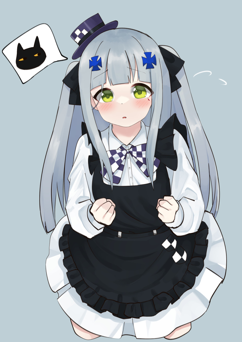 absurdres apron black_apron black_bow blunt_bangs blush bow bowtie checkered_bow checkered_bowtie checkered_clothes clenched_hands collared_dress commentary cropped_legs dress feline female frilled_apron frills girls'_frontline green_eyes grey_hair hair_ornament hairbow hat highres hk416_(black_kitty's_gift)_(girls'_frontline) hk416_(girls'_frontline) looking_at_viewer mini_hat official_alternate_costume open_mouth pepsi2330 pleated_dress purple_headwear simple_background speech_bubble tilted_headwear twintails white_dress