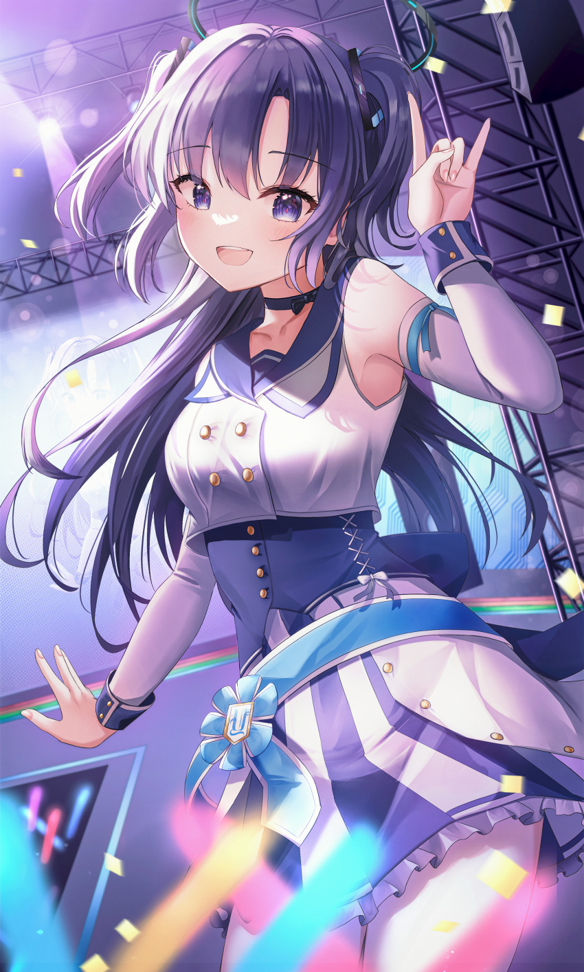 absurdres armpits blue_archive breasts concert detached_sleeves female glowstick hair_between_eyes hair_ornament halo highres idol indoors li_se long_hair mischievous_straight_uniform_(blue_archive) open_mouth purple_eyes purple_hair skirt small_breasts smile stage stage_lights standing truss two_side_up yuuka_(blue_archive)