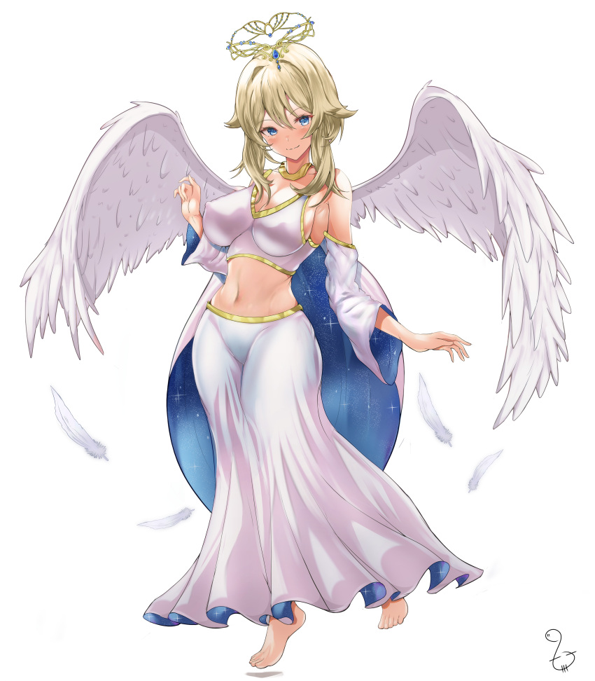 absurdres angel angel_wings barefoot blonde_hair blue_eyes blush breasts circlet covered_nipples crop_top detached_sleeves dress feathers female full_body gold halo highres jewelry large_breasts long_skirt midriff navel necklace original simple_background skirt smile t3x white_background white_skirt wings