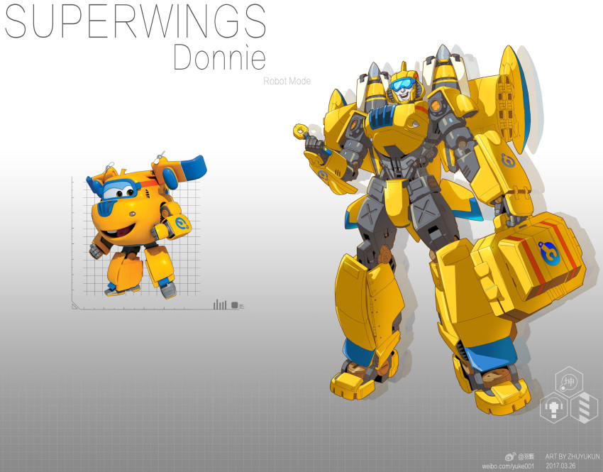 2017 aircraft airplane clenched_hands dated donnie_(super_wings) goggles highres mecha no_humans open_mouth photoshop_(medium) redesign reference_inset robot solo super_wings toolbox zhuyukun