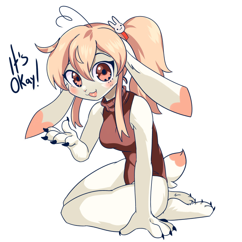 1:1 4_toes 5_fingers :3 absurd_res ahoge anthro barefoot big_eyes blonde_hair blush breasts brown_eyes claws clothed clothing comforting dialogue english_text feet female finger_claws fingers fur hair heart_ahoge heart_in_mouth hi_res hindpaw humanoid_hands kneeling lagomorph leotard leporid looking_at_viewer mammal open_:3 open_mouth open_smile paws pink_body pink_fur pink_hair ponytail psibunny rabbit reassuring scut_tail short_tail simple_background sleeveless_sweater sleeveless_turtleneck small_waist smile smiling_at_viewer soles solo tail talking_to_viewer text toe_claws toes topwear white_background white_body white_fur