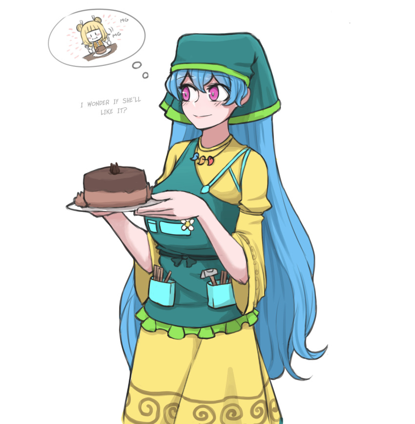 2girls absurdres apron blonde_hair blue_hair cake chocolate_cake double_bun dress eating english_text flower food hair_bun hair_ribbon haniyasushin_keiki head_scarf highres imagining jewelry joutouguu_mayumi long_hair magatama magatama_necklace mata_(matasoup) mg_mg multiple_girls name_connection necklace object_namesake plate pocket pun purple_eyes ribbon sash short_sleeves standing thought_bubble touhou very_long_hair white_ribbon wood_carving_tool yellow_dress