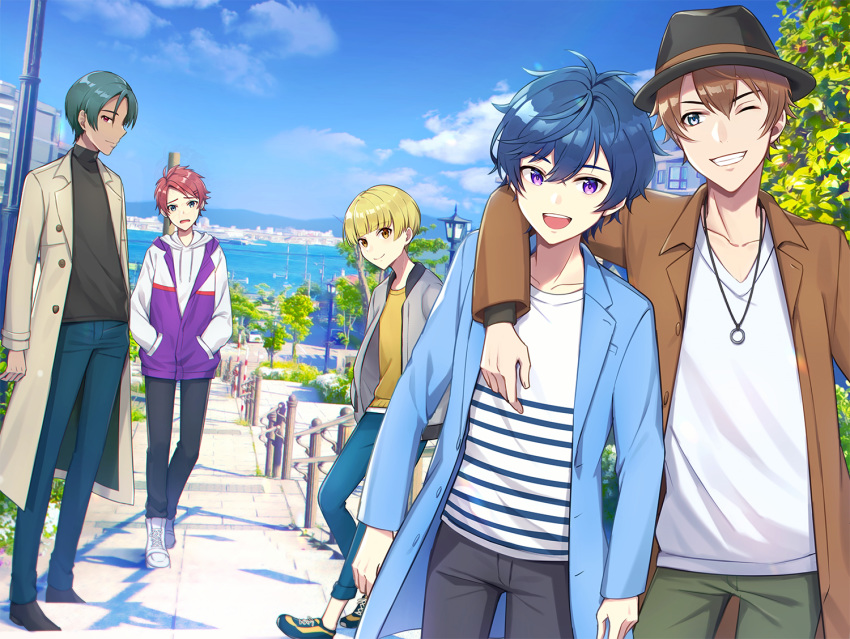 5boys argonavis_(band) arm_around_neck bishounen blonde_hair blue_hair brown_hair cloud dark-skinned_male dark_skin day from_argonavis goryou_yuuto green_hair grin hat hood hoodie jacket kikyou_riou male_focus matoba_wataru mugi_(iccomae) multiple_boys nanahoshi_ren ocean red_hair shiroishi_banri sky smile tree water